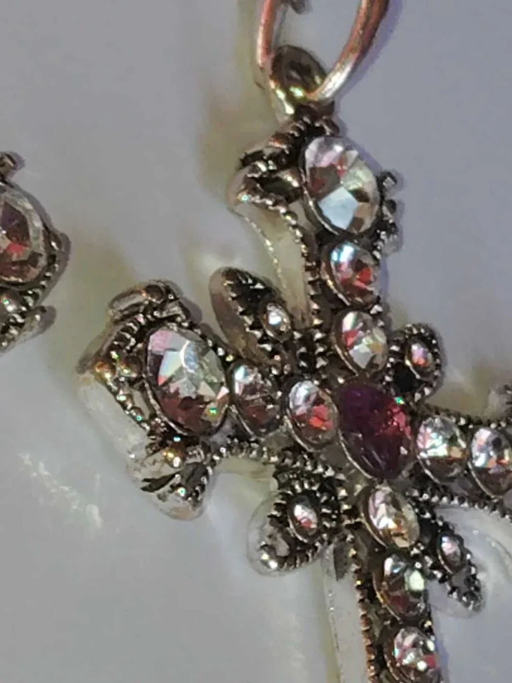 Upcycled Cross Earrings Silver tone with diamond like and purple rhinestones - Picture 3 of 7